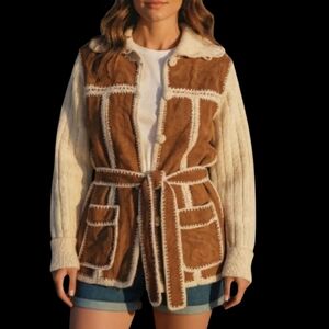 70s Cardigan Jacket Suede Belted Cream Brown Boho Western Sz S/M Retro VTG 1970s